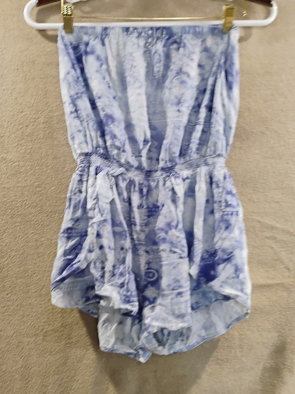 2/$15 Ocean Drive Blue and White Strapless Printed Romper